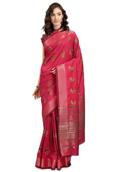 Pink embroidered cotton silk saree with blouse