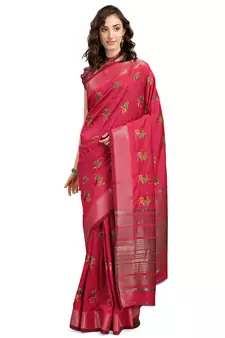 Pink embroidered cotton silk saree with blouse