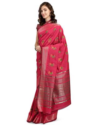 Pink embroidered cotton silk saree with blouse 2
