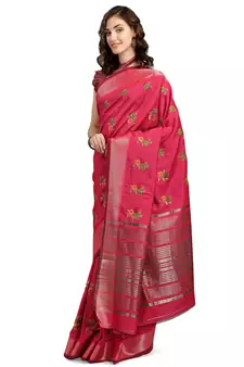 Pink embroidered cotton silk saree with blouse