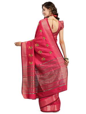 Pink embroidered cotton silk saree with blouse 3