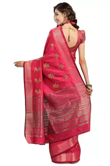 Pink embroidered cotton silk saree with blouse