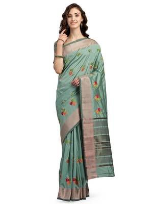 Green embroidered cotton silk saree with blouse 1