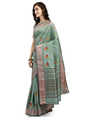 Green embroidered cotton silk saree with blouse 2