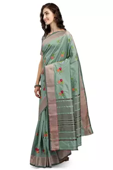 Green embroidered cotton silk saree with blouse