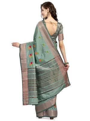 Green embroidered cotton silk saree with blouse 3