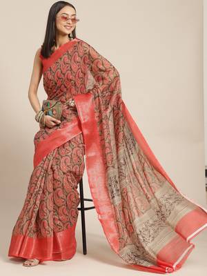 Red printed linen saree with blouse 1