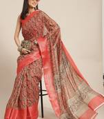 Red printed linen saree with blouse