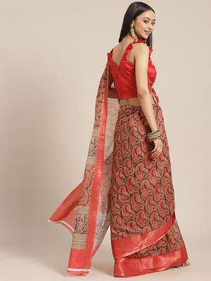 Red printed linen saree with blouse 3