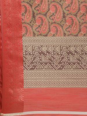 Red printed linen saree with blouse 4