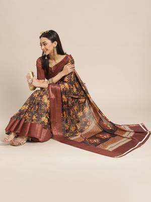 Brown printed linen saree with blouse 1