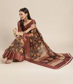Brown printed linen saree with blouse
