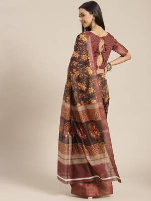 Brown printed linen saree with blouse 2