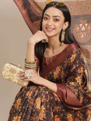 Brown printed linen saree with blouse 3