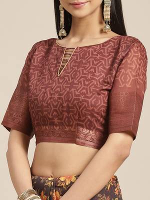 Brown printed linen saree with blouse 5