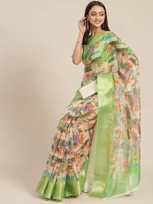 Green printed organza saree with blouse 1