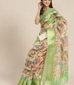 Green printed organza saree with blouse