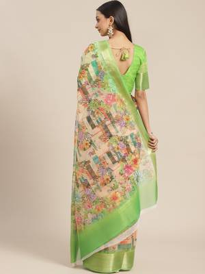 Green printed organza saree with blouse 2