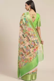 Green printed organza saree with blouse