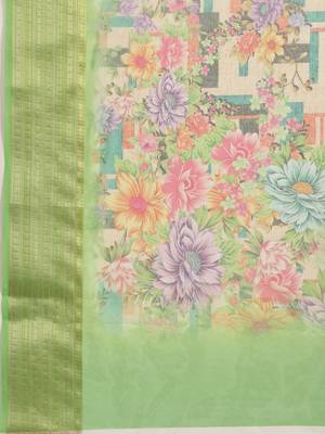 Green printed organza saree with blouse 3