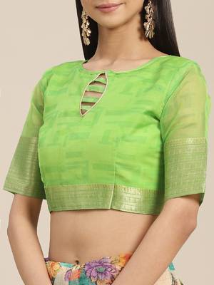 Green printed organza saree with blouse 5