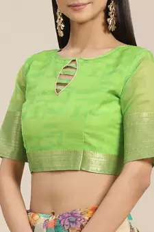 Green printed organza saree with blouse
