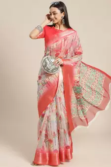 Red printed organza saree with blouse