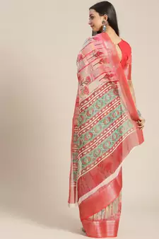 Red printed organza saree with blouse