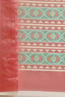 Red printed organza saree with blouse