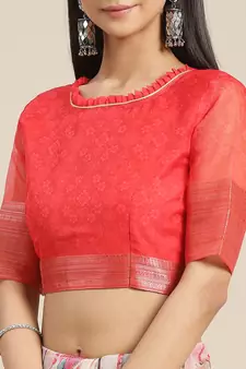 Red printed organza saree with blouse