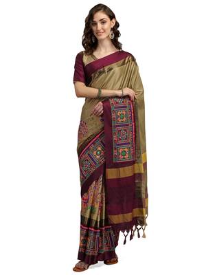 Beige embroidered cotton silk saree with blouse 1