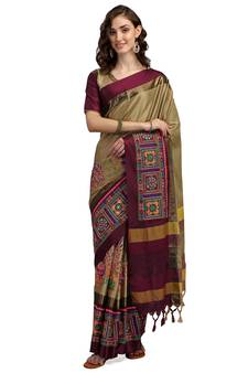 Beige embroidered cotton silk saree with blouse