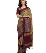 Beige embroidered cotton silk saree with blouse