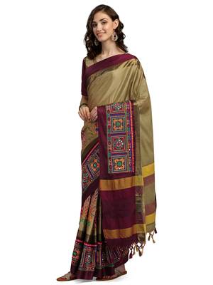 Beige embroidered cotton silk saree with blouse 2