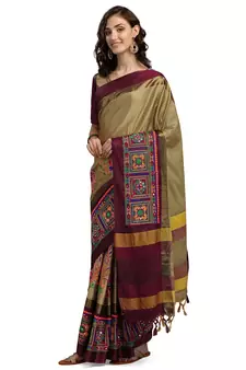 Beige embroidered cotton silk saree with blouse