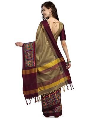 Beige embroidered cotton silk saree with blouse 3