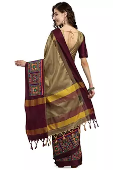 Beige embroidered cotton silk saree with blouse
