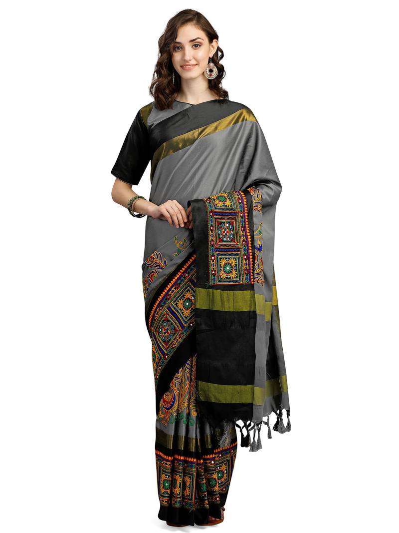 Grey embroidered cotton silk saree with blouse