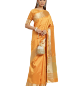 Yellow plain silk blend saree with blouse