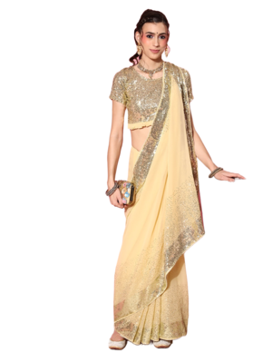 Cream embroidered georgette saree with blouse 1