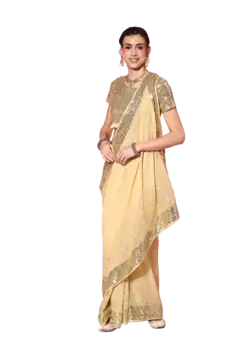 Cream embroidered georgette saree with blouse