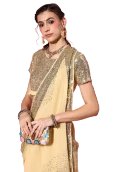 Cream embroidered georgette saree with blouse