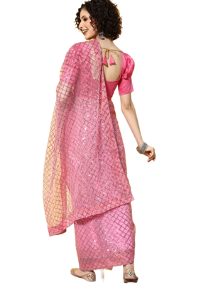 Pink embroidered net saree with blouse 3