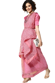 Pink embroidered net saree with blouse