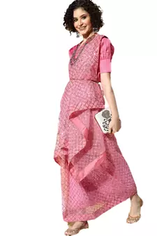 Pink embroidered net saree with blouse