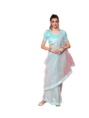 Sky blue embroidered net saree with blouse 2