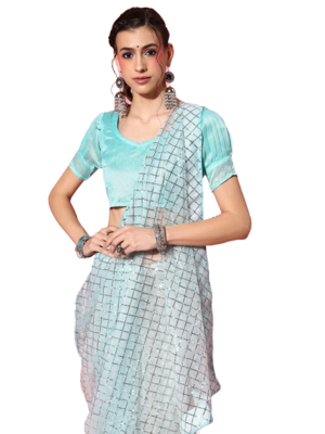 Sky blue embroidered net saree with blouse 3