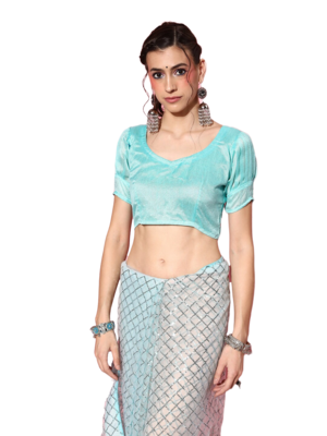 Sky blue embroidered net saree with blouse 4