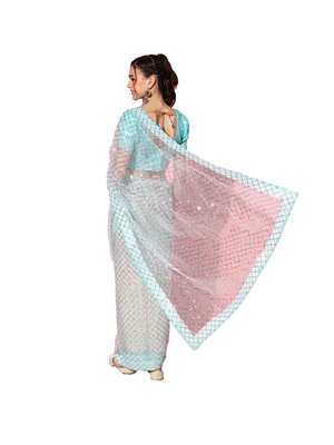 Sky blue embroidered net saree with blouse 5