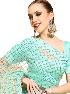Light green embroidered net saree with blouse 5